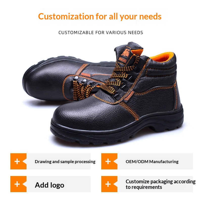 Men's Protective High-Top Cowhide Safety Boots Puncture-Proof Round Toe All Seasons Construction Site