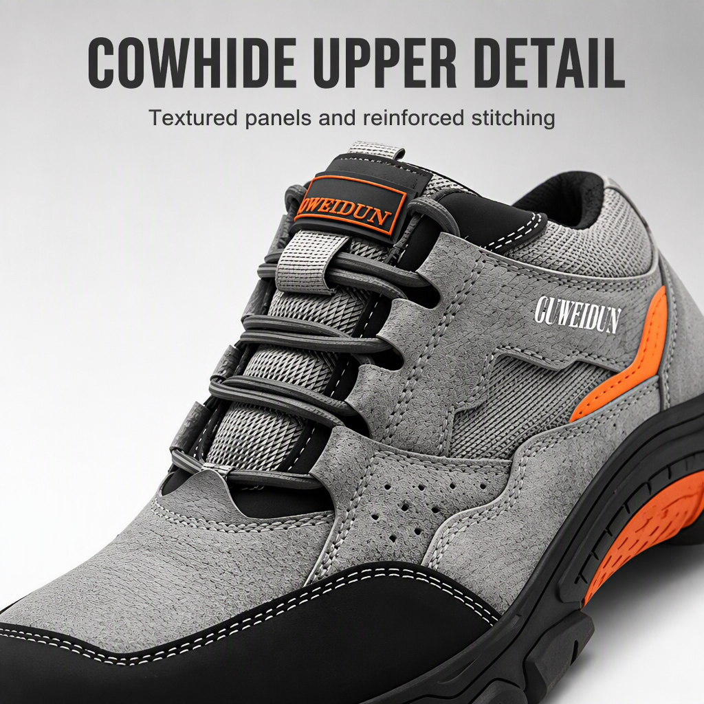 Men's Safety Shoes Puncture-proof Cowhide Upper Plastic Toe Cap Lightweight Low-top for Construction Sites