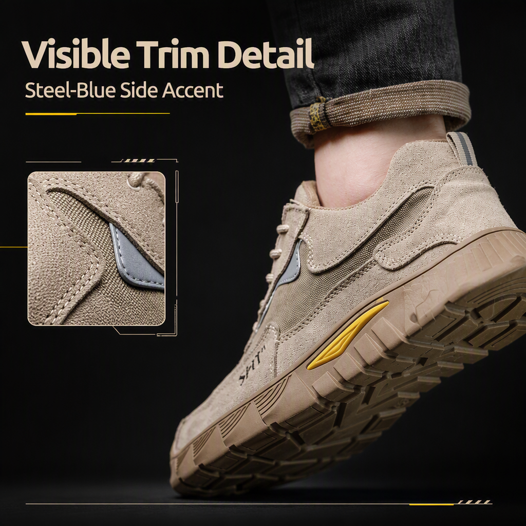 Men's Suede Leather & Canvas Safety Shoes with Widened Steel Toe Rubber Outsole Abrasion-Resistant for Construction Industry