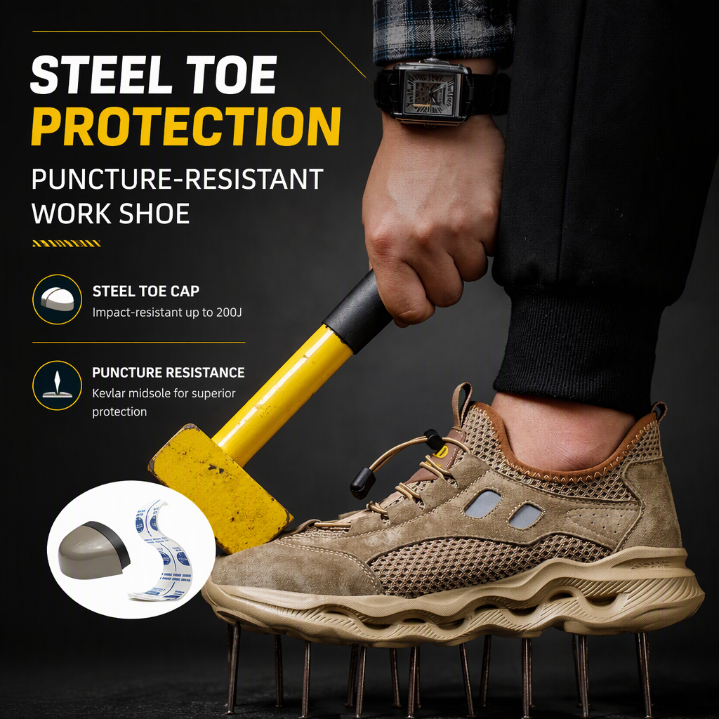 Men Steel Toe Safety Shoes Crush Resistant Puncture Proof Suede Mesh Upper EVA Sole Lightweight Construction Summer