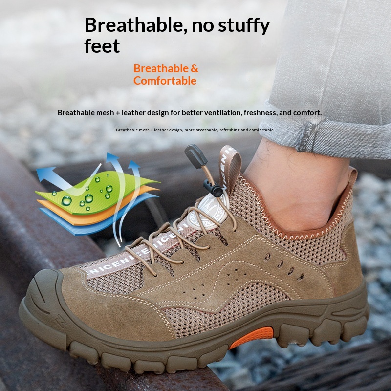 Mens Womens Summer Work Shoes Breathable Deodorizing Lightweight Soft Sole Steel Head Puncture-proof Cowhide Mesh Upper
