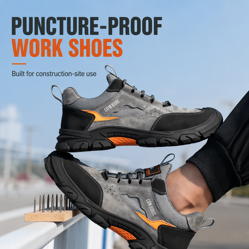 Men's Safety Shoes Puncture-proof Cowhide Upper Plastic Toe Cap Lightweight Low-top for Construction Sites