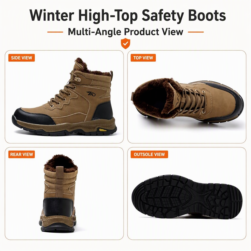New Winter Men's High-Top Safety Shoes Microfiber Leather Crush-Resistant Puncture-Proof Waterproof Non-Slip Insulated