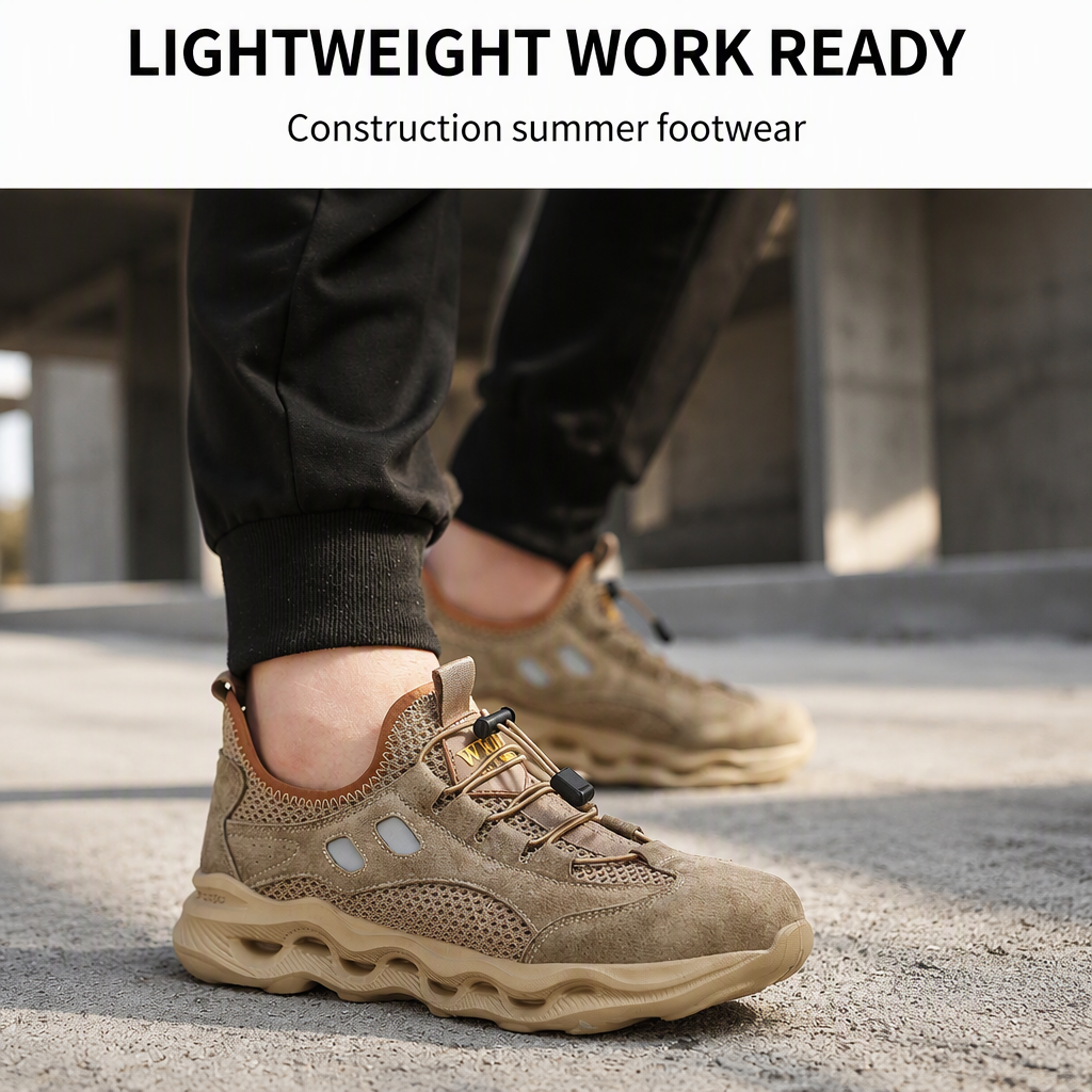 Men Steel Toe Safety Shoes Crush Resistant Puncture Proof Suede Mesh Upper EVA Sole Lightweight Construction Summer