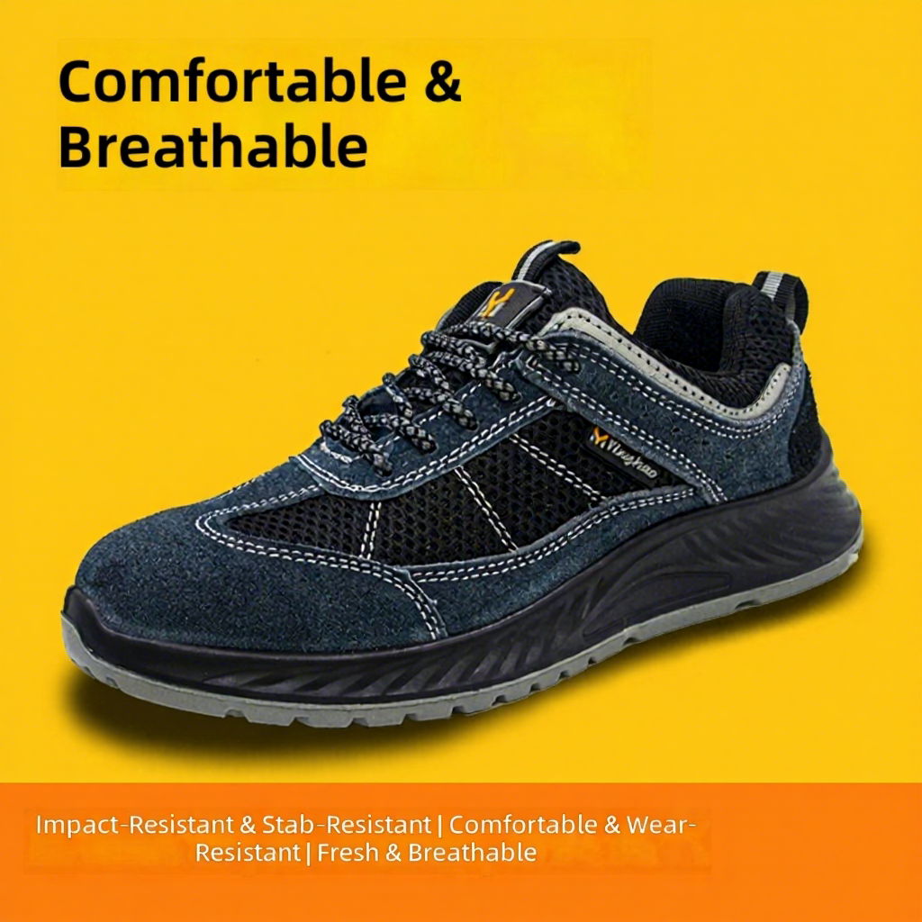 Mens Impact Resistant Safety Shoes Round Toe Puncture Proof Suede Mesh Work Footwear for Construction