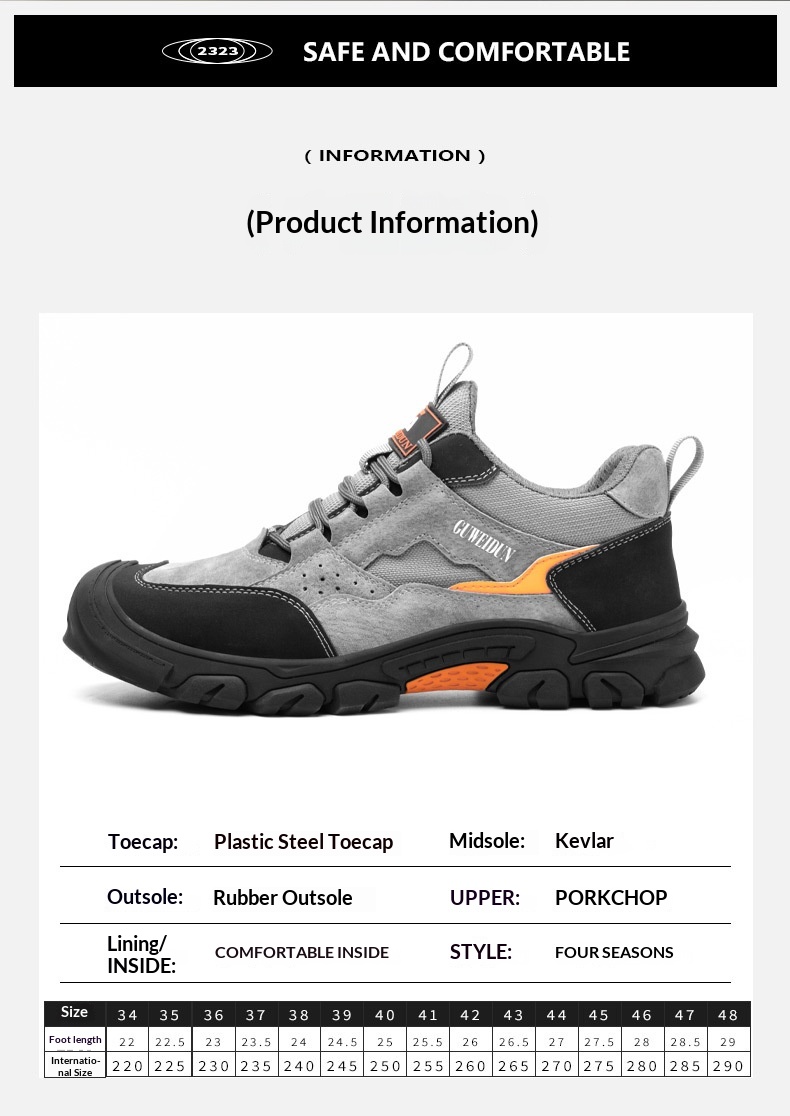 Men's Safety Shoes Puncture-proof Cowhide Upper Plastic Toe Cap Lightweight Low-top for Construction Sites