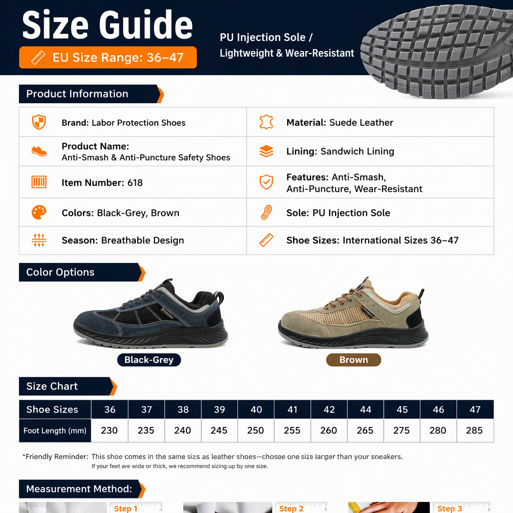 Mens Impact Resistant Safety Shoes Round Toe Puncture Proof Suede Mesh Work Footwear for Construction