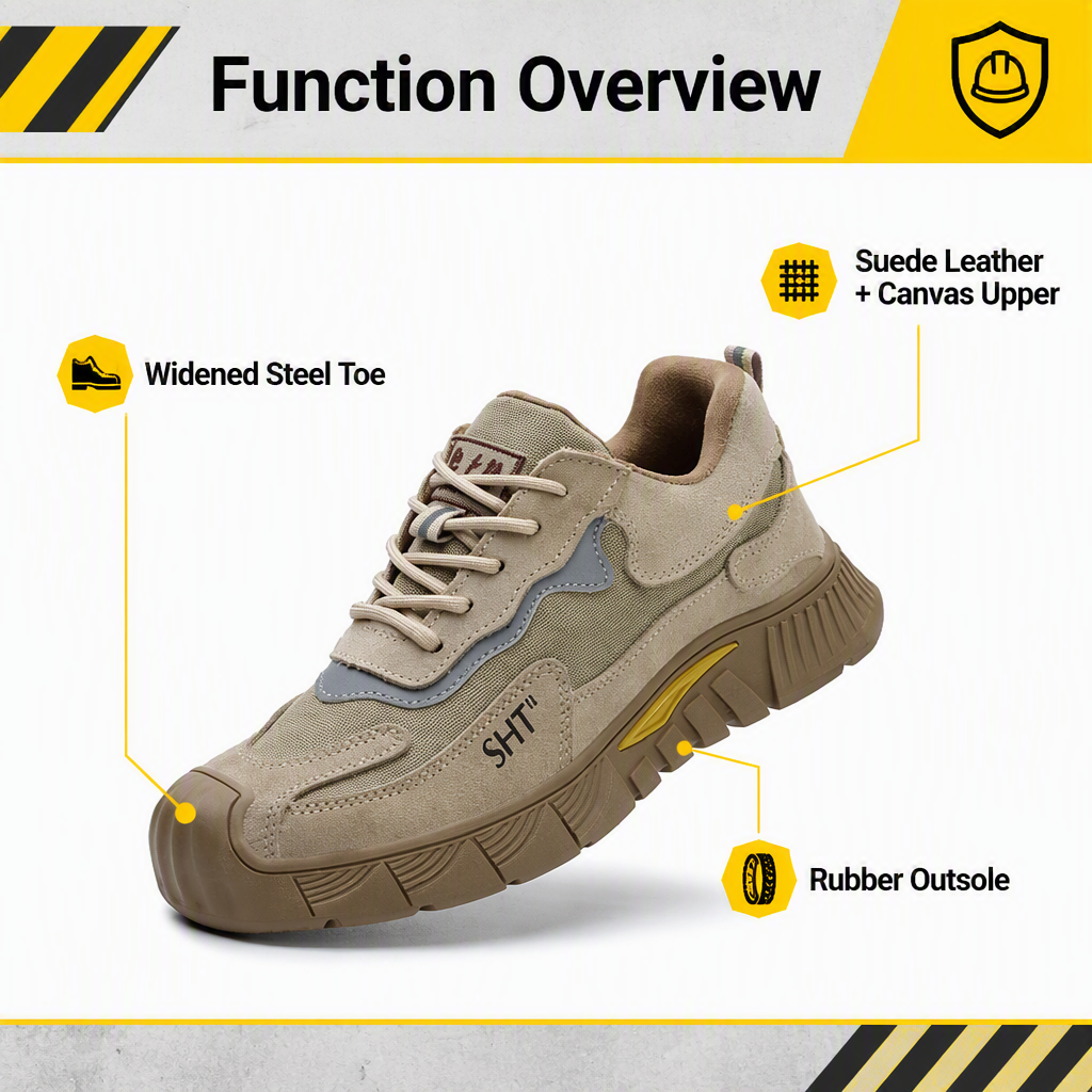 Men's Suede Leather & Canvas Safety Shoes with Widened Steel Toe Rubber Outsole Abrasion-Resistant for Construction Industry