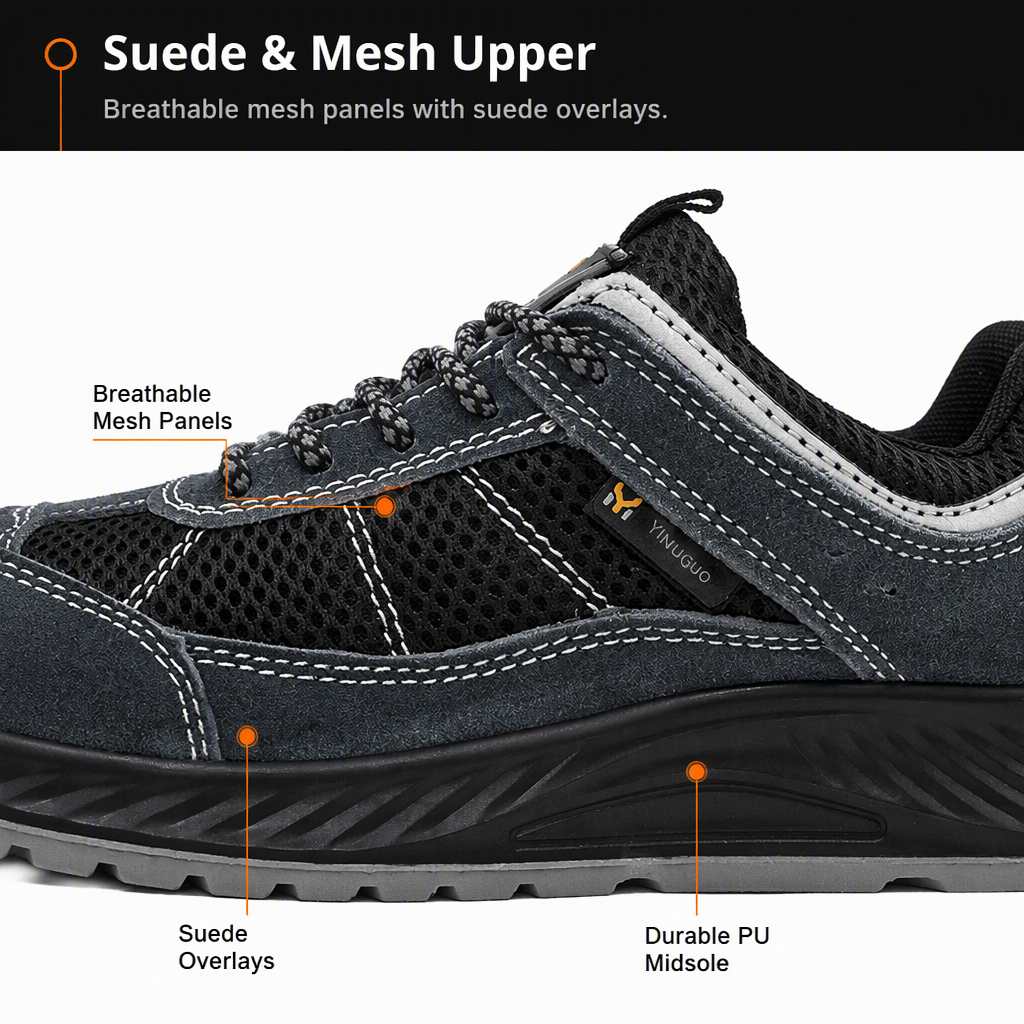 Mens Impact Resistant Safety Shoes Round Toe Puncture Proof Suede Mesh Work Footwear for Construction