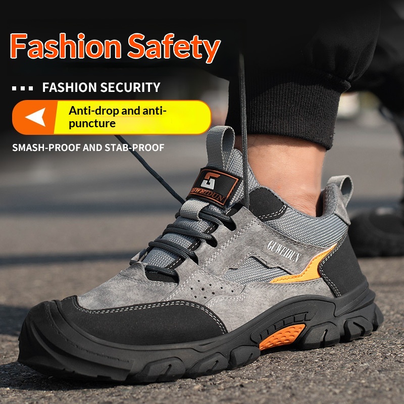 Men's Safety Shoes Puncture-proof Cowhide Upper Plastic Toe Cap Lightweight Low-top for Construction Sites