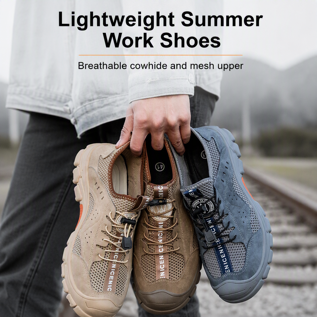 Mens Womens Summer Work Shoes Breathable Deodorizing Lightweight Soft Sole Steel Head Puncture-proof Cowhide Mesh Upper