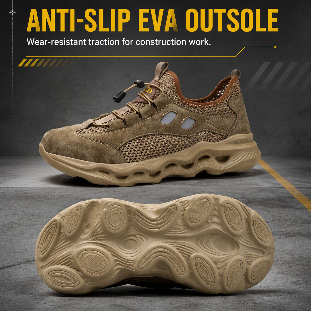 Men Steel Toe Safety Shoes Crush Resistant Puncture Proof Suede Mesh Upper EVA Sole Lightweight Construction Summer