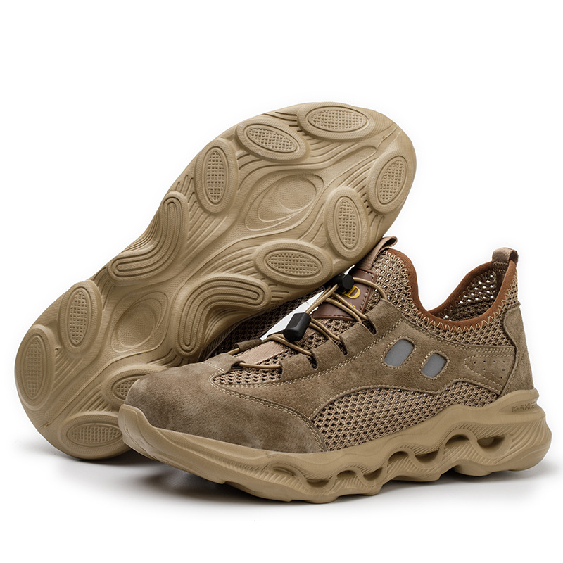 Men Steel Toe Safety Shoes Crush Resistant Puncture Proof Suede Mesh Upper EVA Sole Lightweight Construction Summer