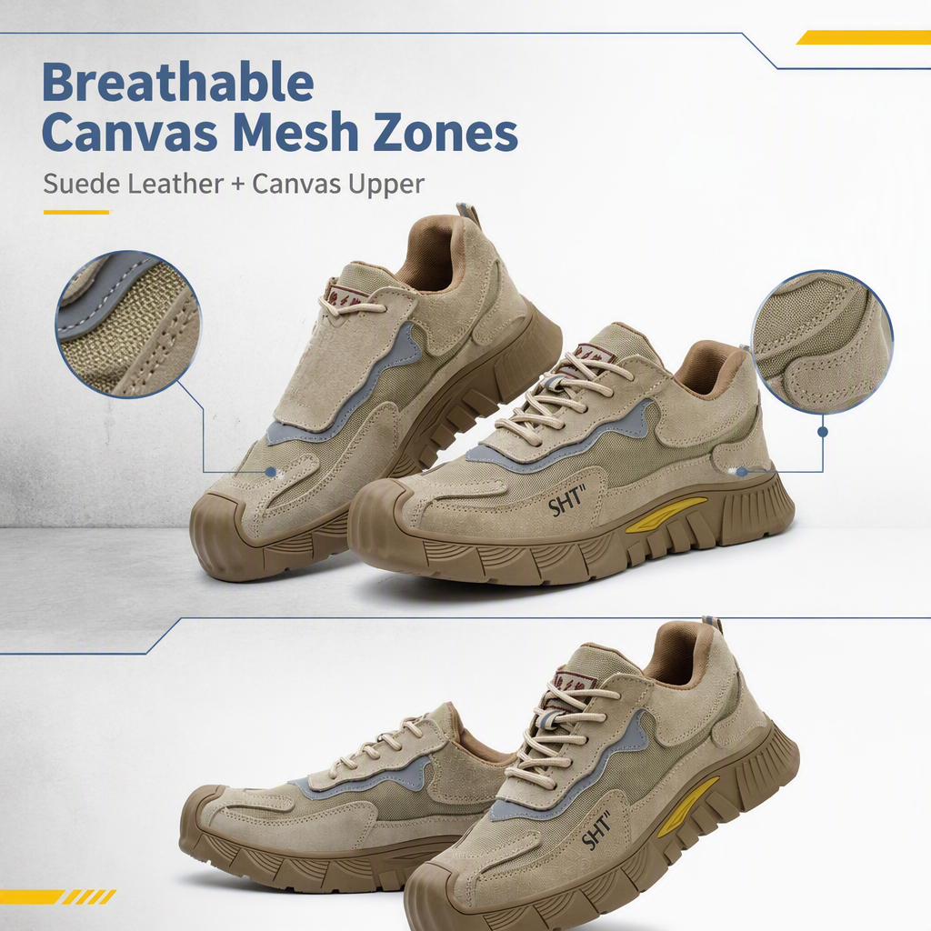Men's Suede Leather & Canvas Safety Shoes with Widened Steel Toe Rubber Outsole Abrasion-Resistant for Construction Industry