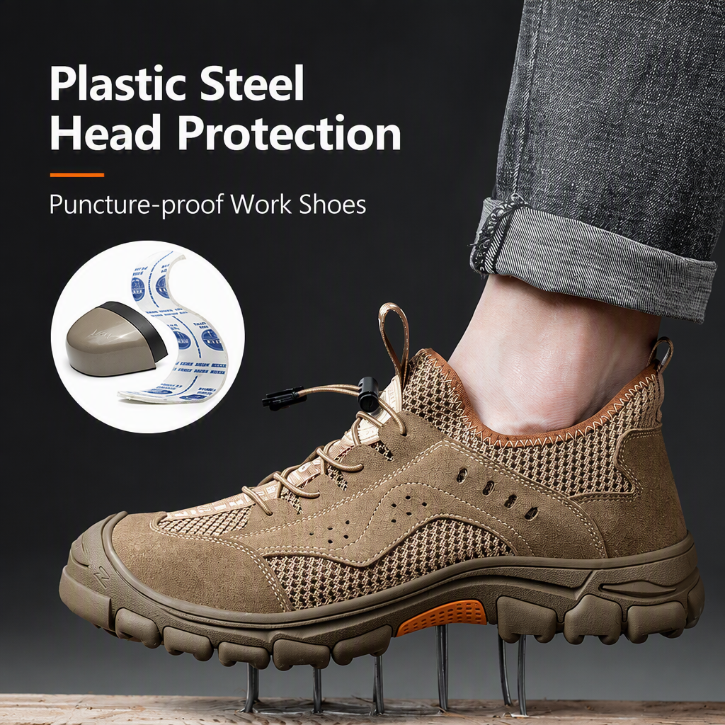Mens Womens Summer Work Shoes Breathable Deodorizing Lightweight Soft Sole Steel Head Puncture-proof Cowhide Mesh Upper
