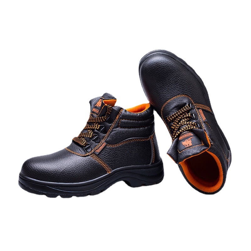Men's Protective High-Top Cowhide Safety Boots Puncture-Proof Round Toe All Seasons Construction Site