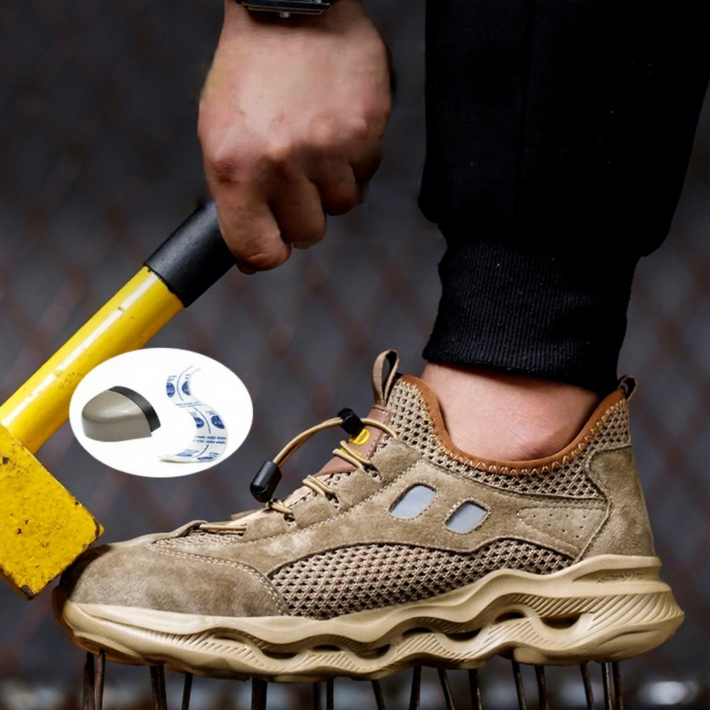 Men Steel Toe Safety Shoes Crush Resistant Puncture Proof Suede Mesh Upper EVA Sole Lightweight Construction Summer