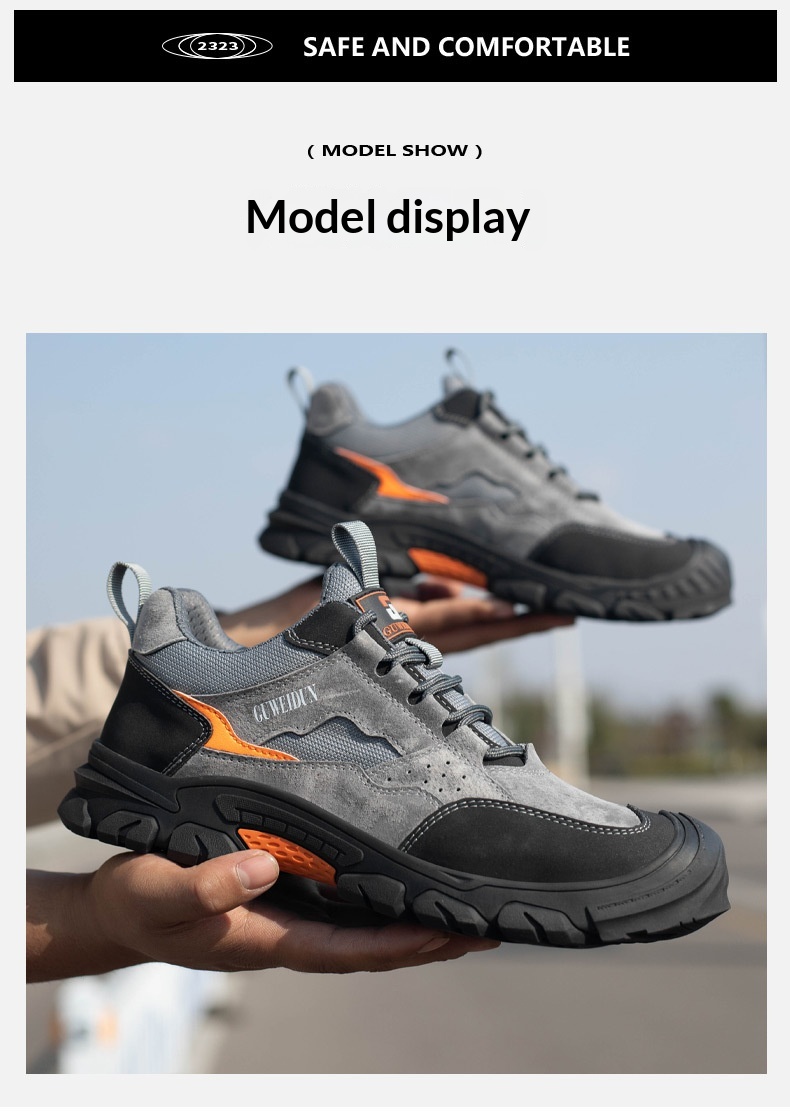 Men's Safety Shoes Puncture-proof Cowhide Upper Plastic Toe Cap Lightweight Low-top for Construction Sites
