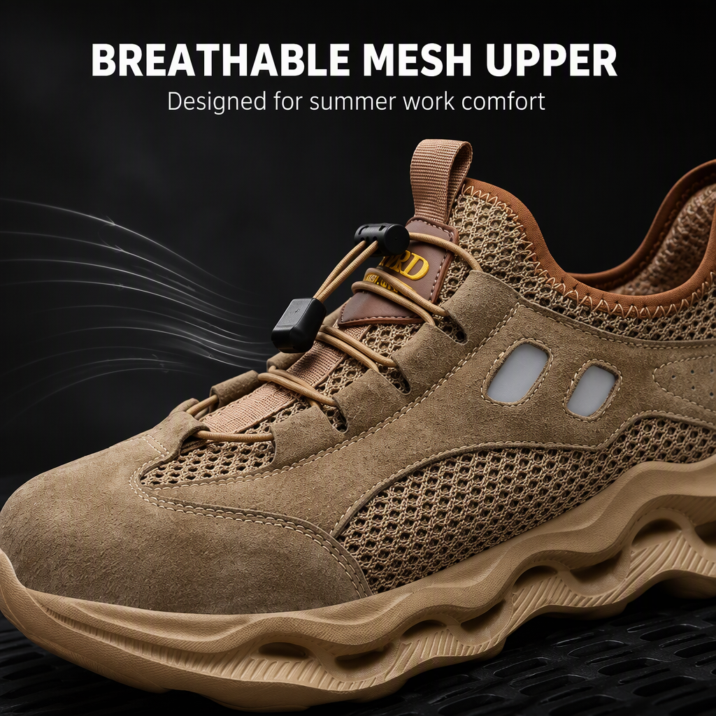 Men Steel Toe Safety Shoes Crush Resistant Puncture Proof Suede Mesh Upper EVA Sole Lightweight Construction Summer