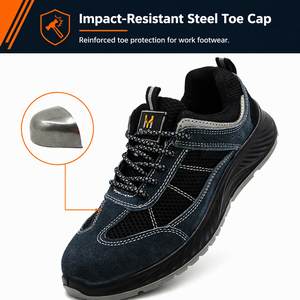 Mens Impact Resistant Safety Shoes Round Toe Puncture Proof Suede Mesh Work Footwear for Construction