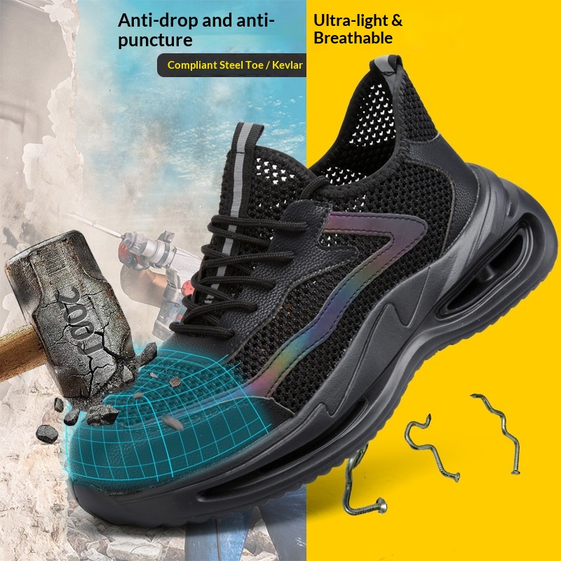 Men's Summer Work Safety Shoes Low Top Breathable Odor-Resistant Steel Cap Anti-Smash Anti-Puncture Ultra-Lightweight