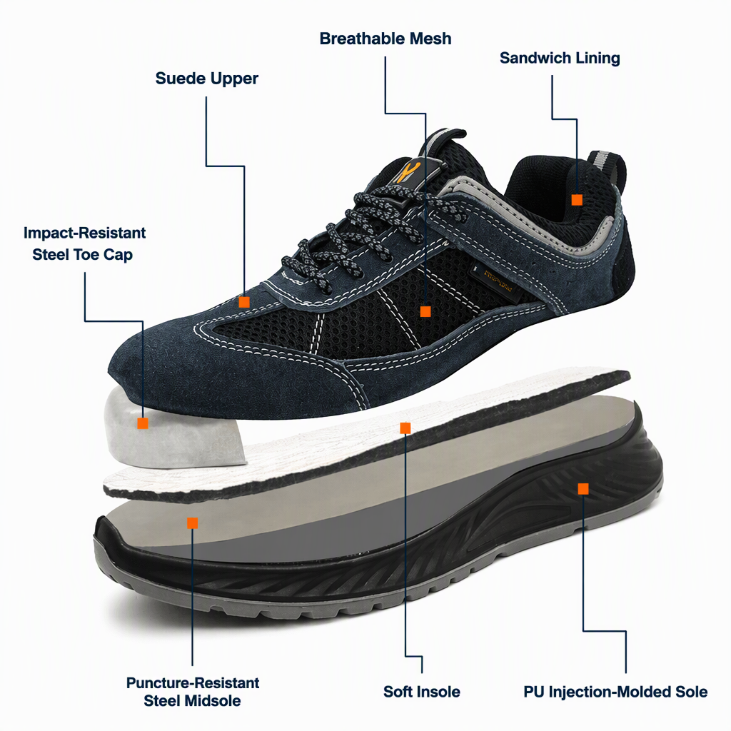 Mens Impact Resistant Safety Shoes Round Toe Puncture Proof Suede Mesh Work Footwear for Construction