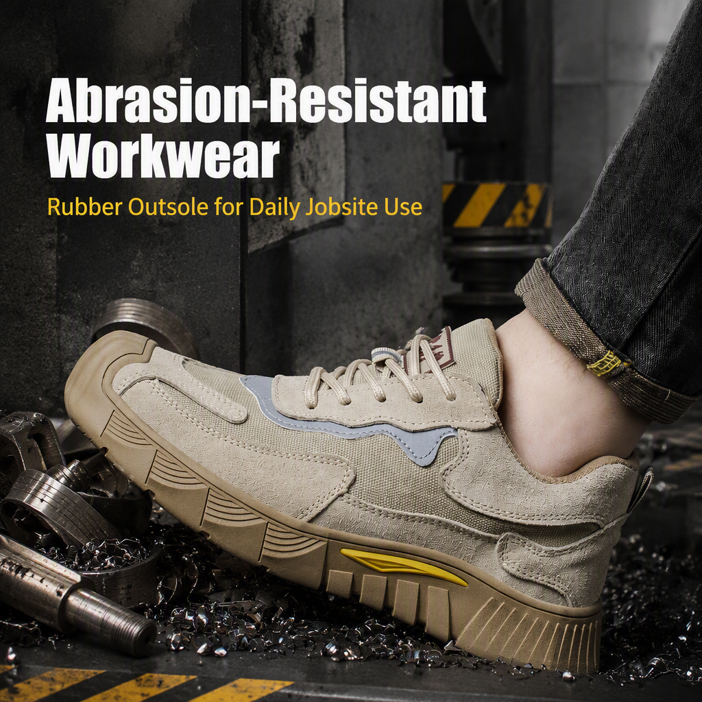 Men's Suede Leather & Canvas Safety Shoes with Widened Steel Toe Rubber Outsole Abrasion-Resistant for Construction Industry