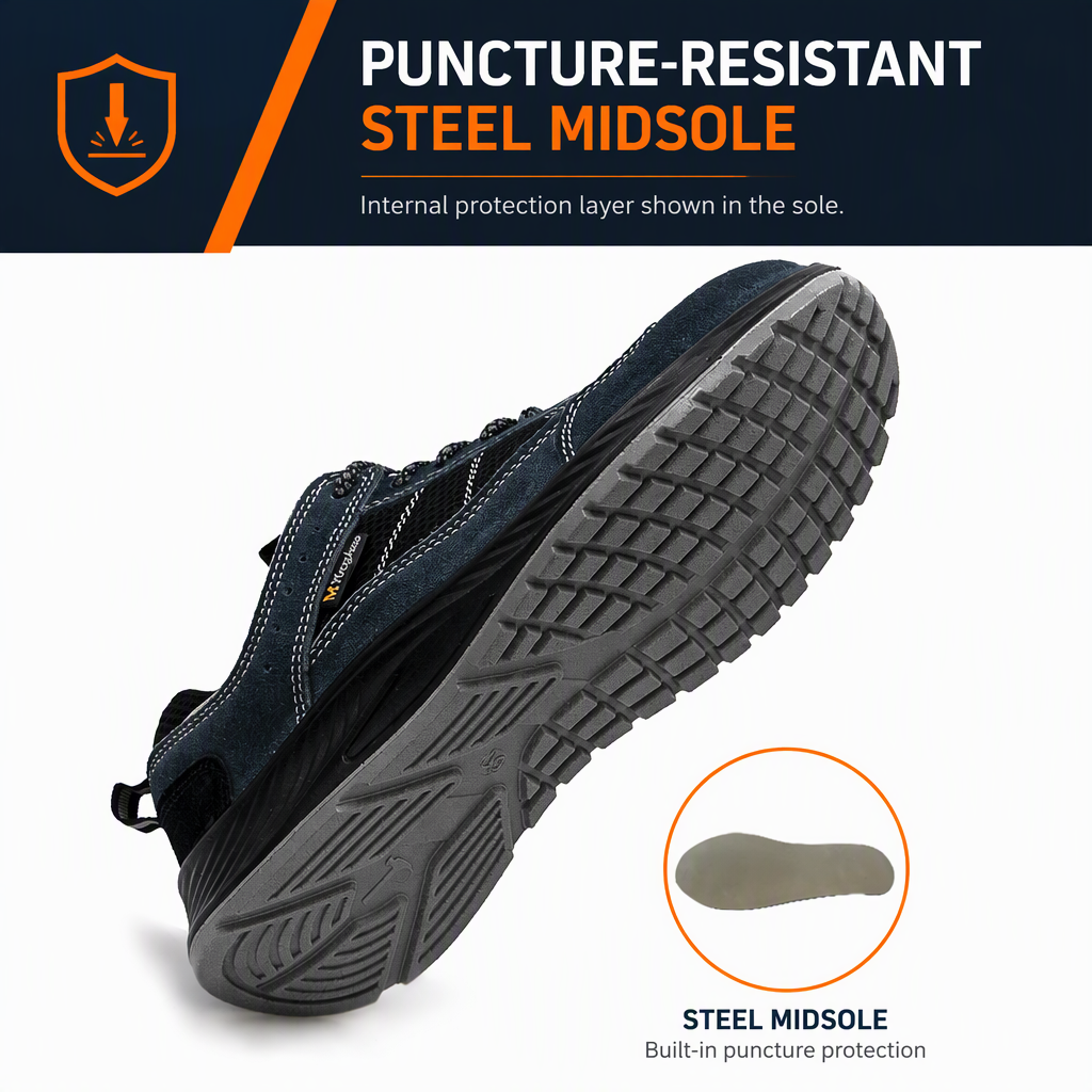 Mens Impact Resistant Safety Shoes Round Toe Puncture Proof Suede Mesh Work Footwear for Construction
