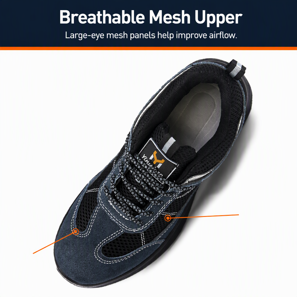 Mens Impact Resistant Safety Shoes Round Toe Puncture Proof Suede Mesh Work Footwear for Construction