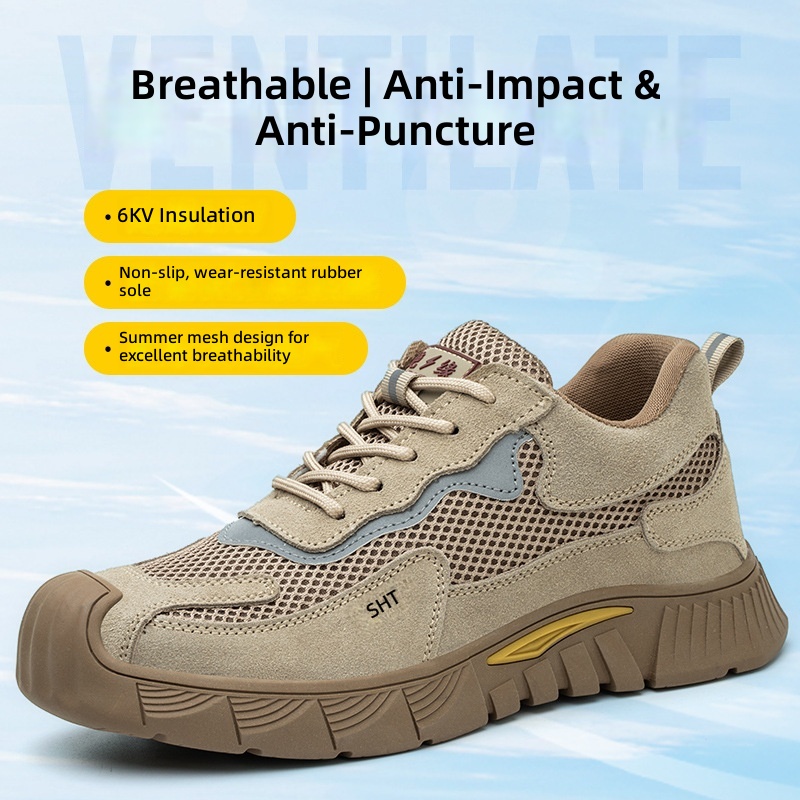 Men's Suede Leather & Canvas Safety Shoes with Widened Steel Toe Rubber Outsole Abrasion-Resistant for Construction Industry