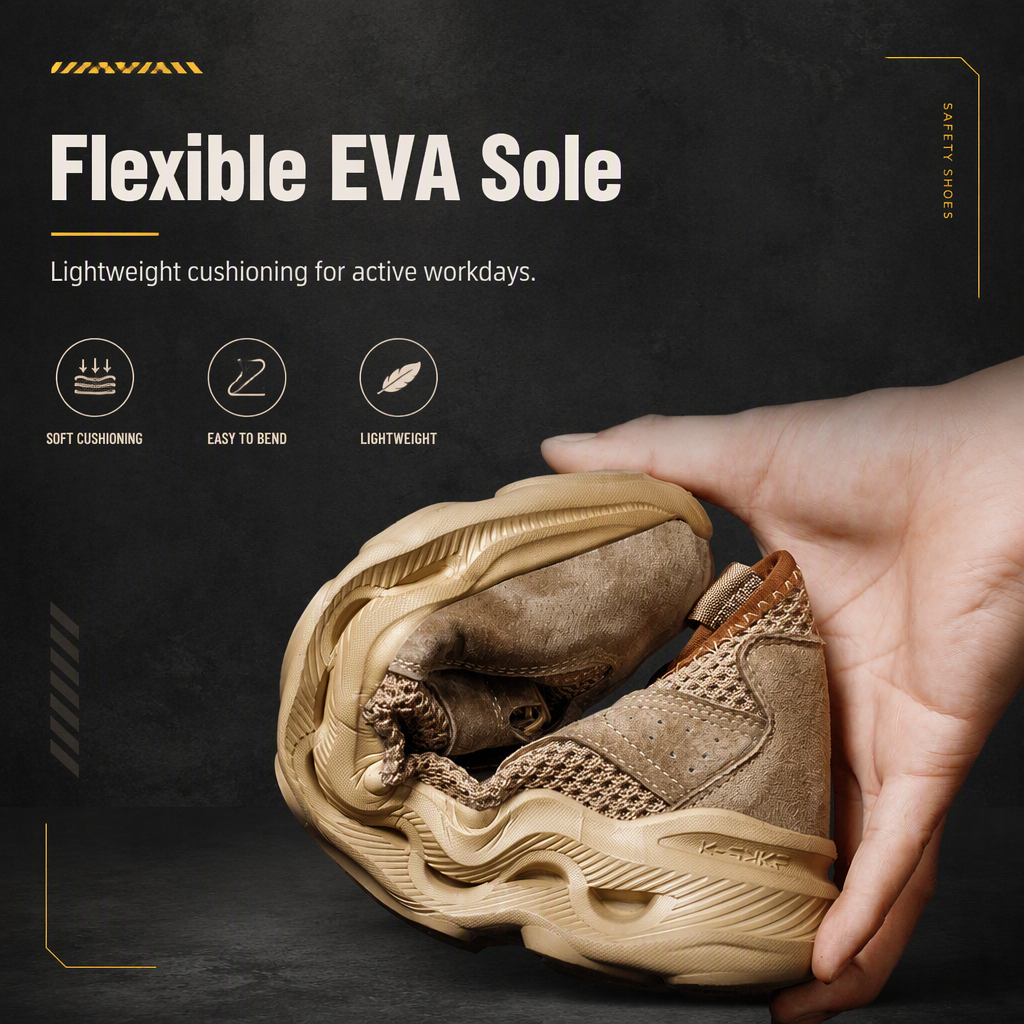 Men Steel Toe Safety Shoes Crush Resistant Puncture Proof Suede Mesh Upper EVA Sole Lightweight Construction Summer