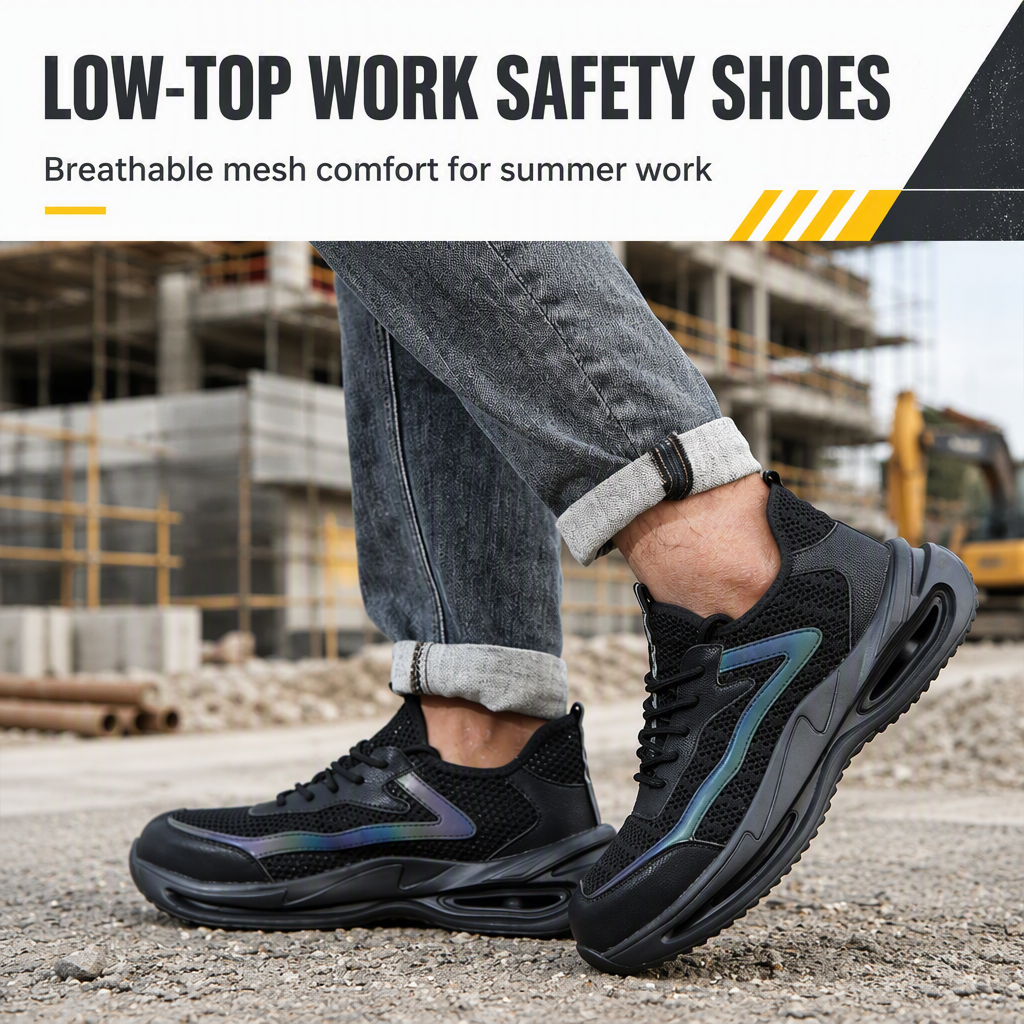 Men's Summer Work Safety Shoes Low Top Breathable Odor-Resistant Steel Cap Anti-Smash Anti-Puncture Ultra-Lightweight