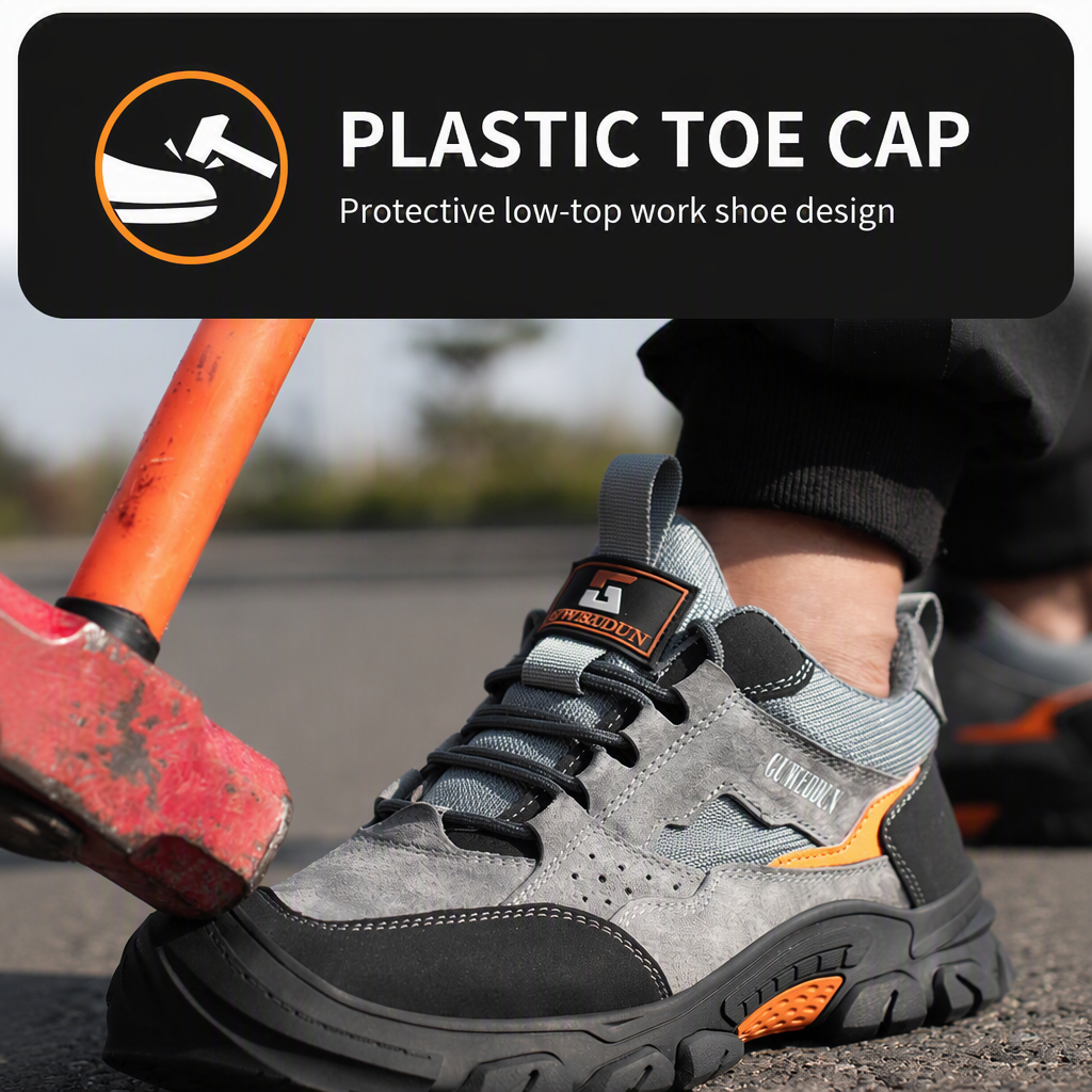 Men's Safety Shoes Puncture-proof Cowhide Upper Plastic Toe Cap Lightweight Low-top for Construction Sites