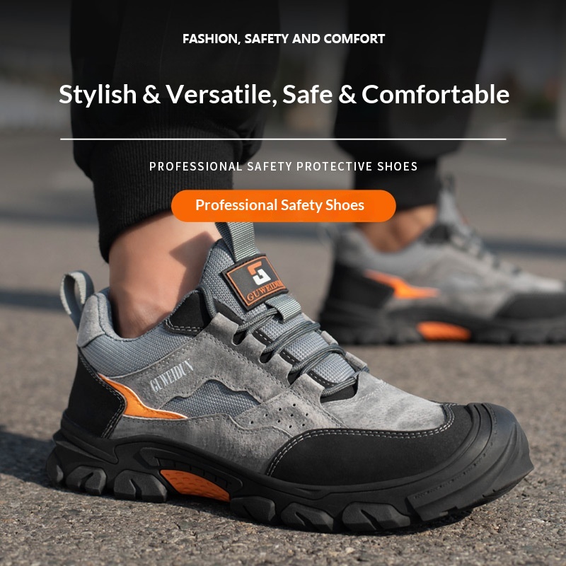 Men's Safety Shoes Puncture-proof Cowhide Upper Plastic Toe Cap Lightweight Low-top for Construction Sites