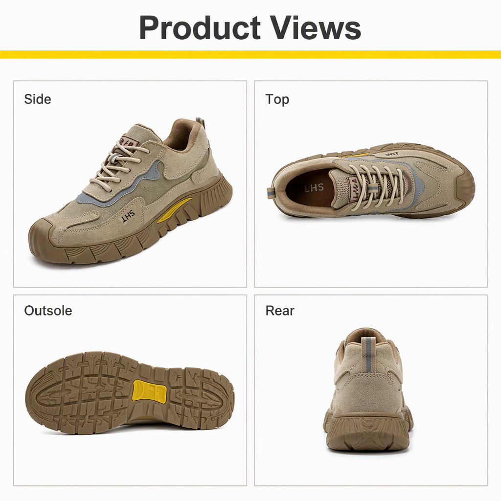 Men's Suede Leather & Canvas Safety Shoes with Widened Steel Toe Rubber Outsole Abrasion-Resistant for Construction Industry