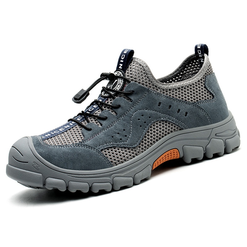 Mens Womens Summer Work Shoes Breathable Deodorizing Lightweight Soft Sole Steel Head Puncture-proof Cowhide Mesh Upper