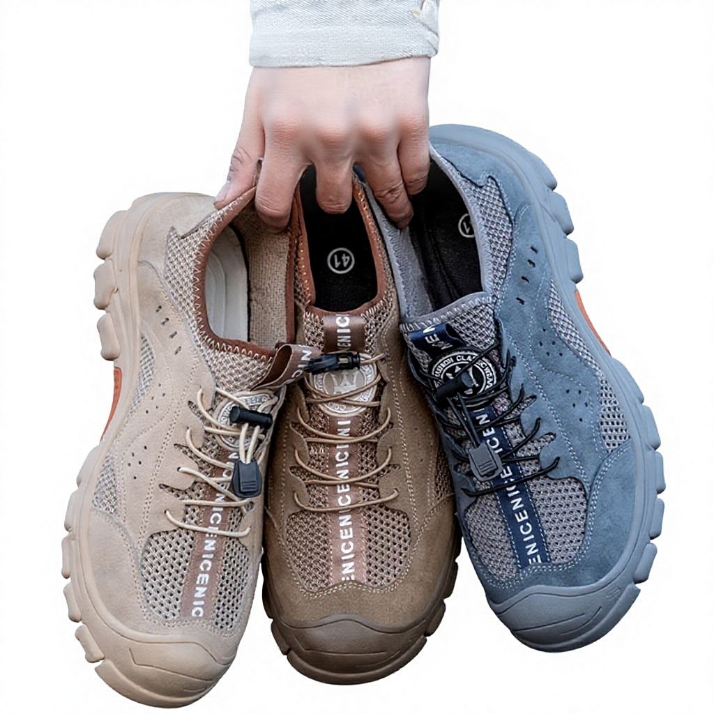 Mens Womens Summer Work Shoes Breathable Deodorizing Lightweight Soft Sole Steel Head Puncture-proof Cowhide Mesh Upper
