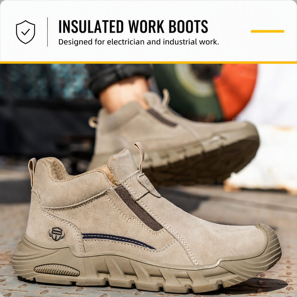 Waterproof Cowhide Upper Safety Shoes Electrician's Insulated Boots Crush-Resistant Rubber Outsole Plastic Toe Cap Men's Welding