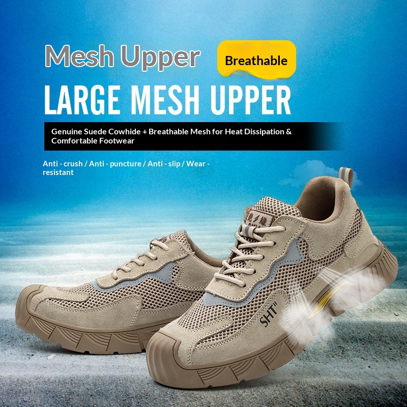 Men's Suede Leather & Canvas Safety Shoes with Widened Steel Toe Rubber Outsole Abrasion-Resistant for Construction Industry
