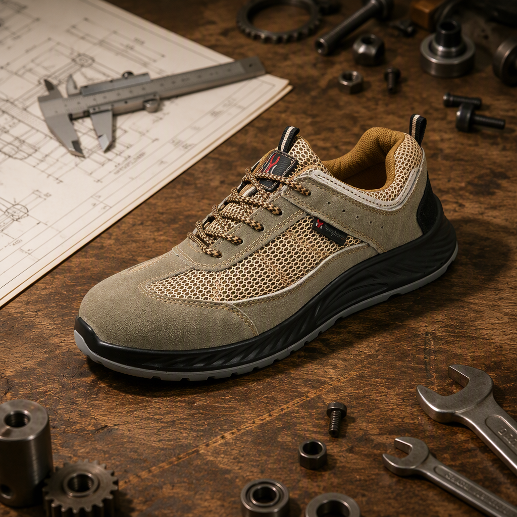 Mens Impact Resistant Safety Shoes Round Toe Puncture Proof Suede Mesh Work Footwear for Construction