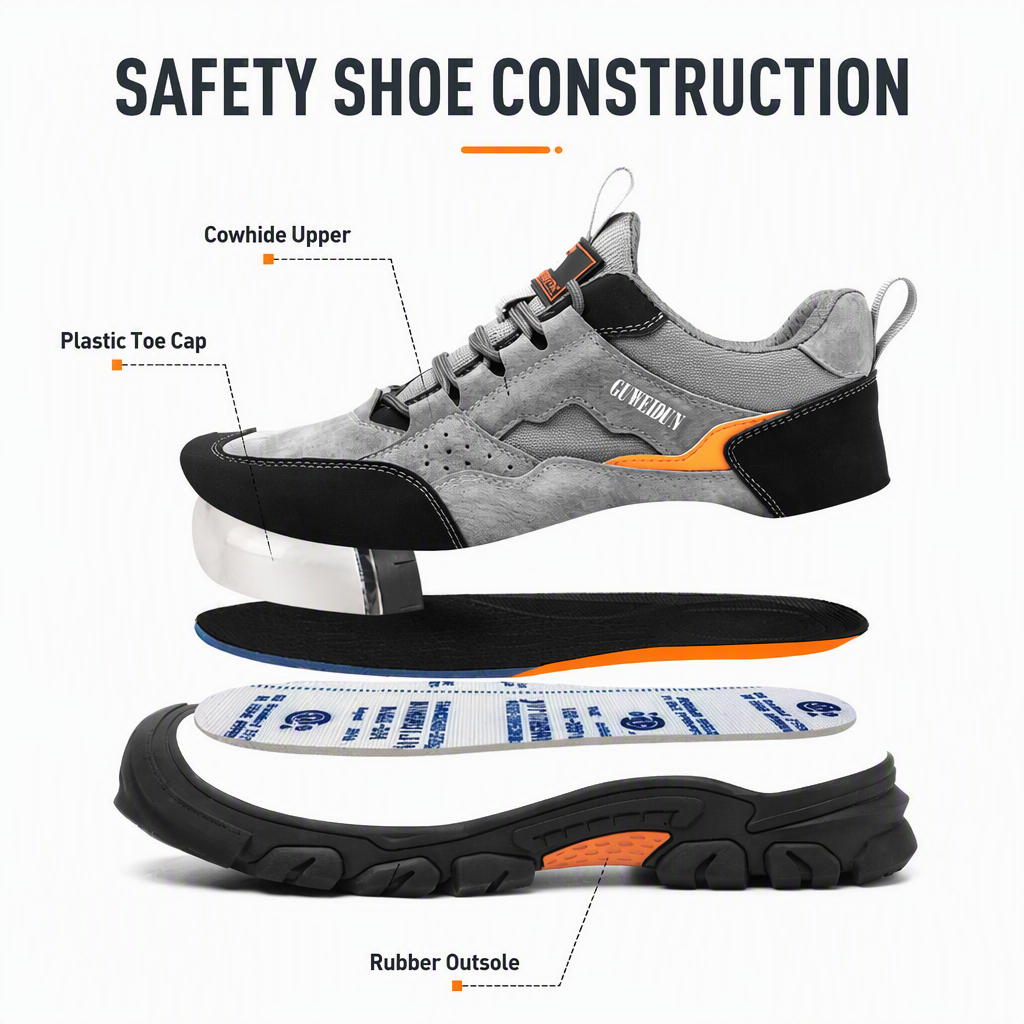 Men's Safety Shoes Puncture-proof Cowhide Upper Plastic Toe Cap Lightweight Low-top for Construction Sites