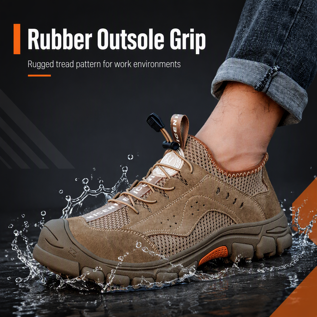 Mens Womens Summer Work Shoes Breathable Deodorizing Lightweight Soft Sole Steel Head Puncture-proof Cowhide Mesh Upper
