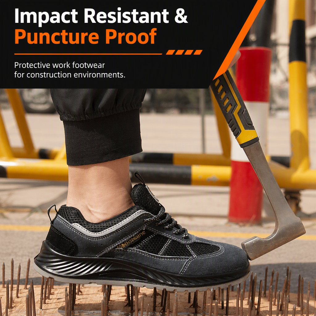 Mens Impact Resistant Safety Shoes Round Toe Puncture Proof Suede Mesh Work Footwear for Construction
