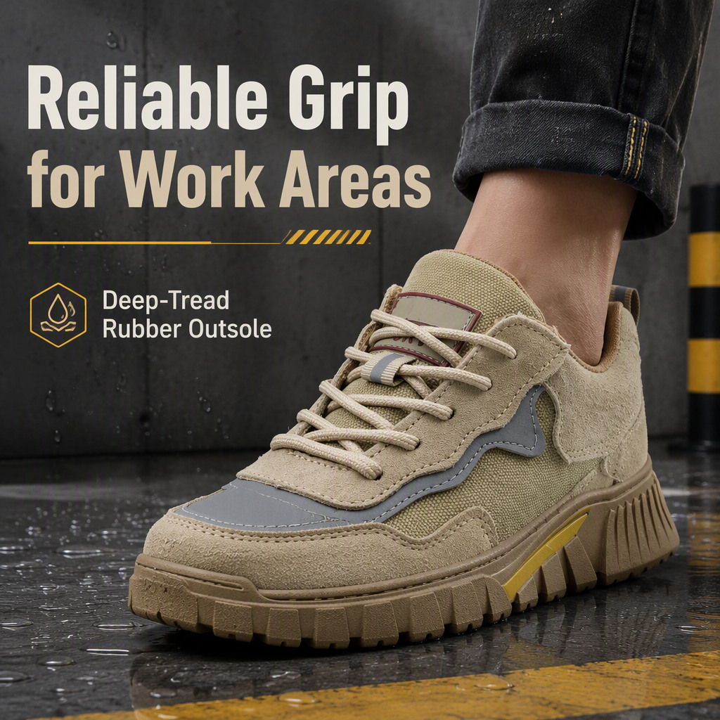 Men's Suede Leather & Canvas Safety Shoes with Widened Steel Toe Rubber Outsole Abrasion-Resistant for Construction Industry