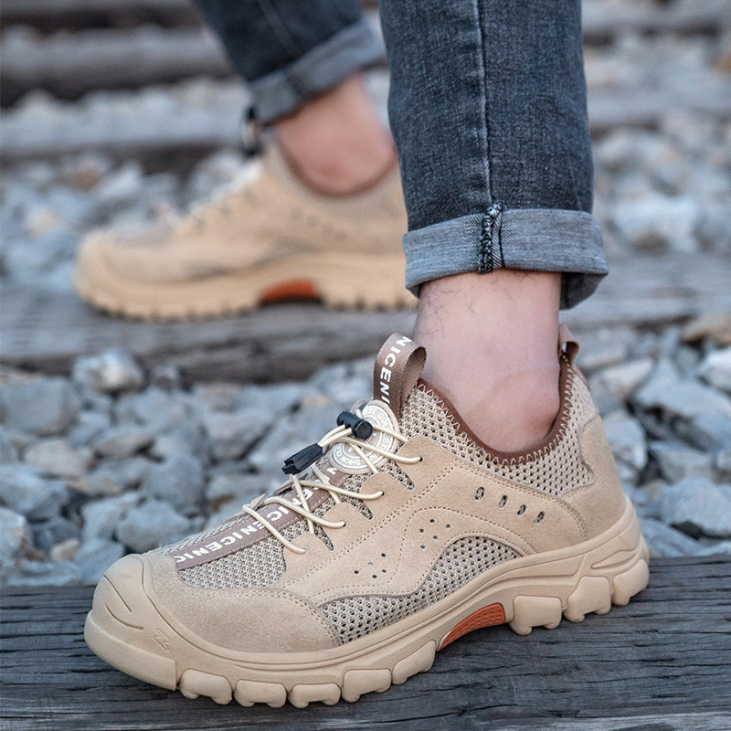Mens Womens Summer Work Shoes Breathable Deodorizing Lightweight Soft Sole Steel Head Puncture-proof Cowhide Mesh Upper