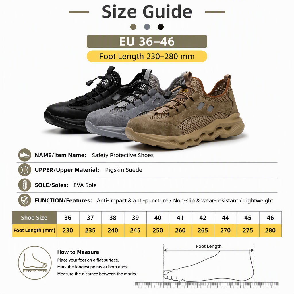 Men Steel Toe Safety Shoes Crush Resistant Puncture Proof Suede Mesh Upper EVA Sole Lightweight Construction Summer