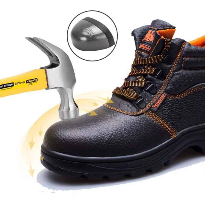 Men's Protective High-Top Cowhide Safety Boots Puncture-Proof Round Toe All Seasons Construction Site