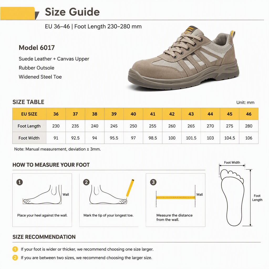 Men's Suede Leather & Canvas Safety Shoes with Widened Steel Toe Rubber Outsole Abrasion-Resistant for Construction Industry