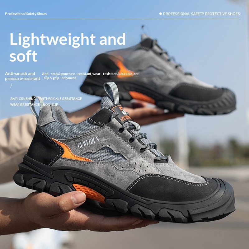 Men's Safety Shoes Puncture-proof Cowhide Upper Plastic Toe Cap Lightweight Low-top for Construction Sites